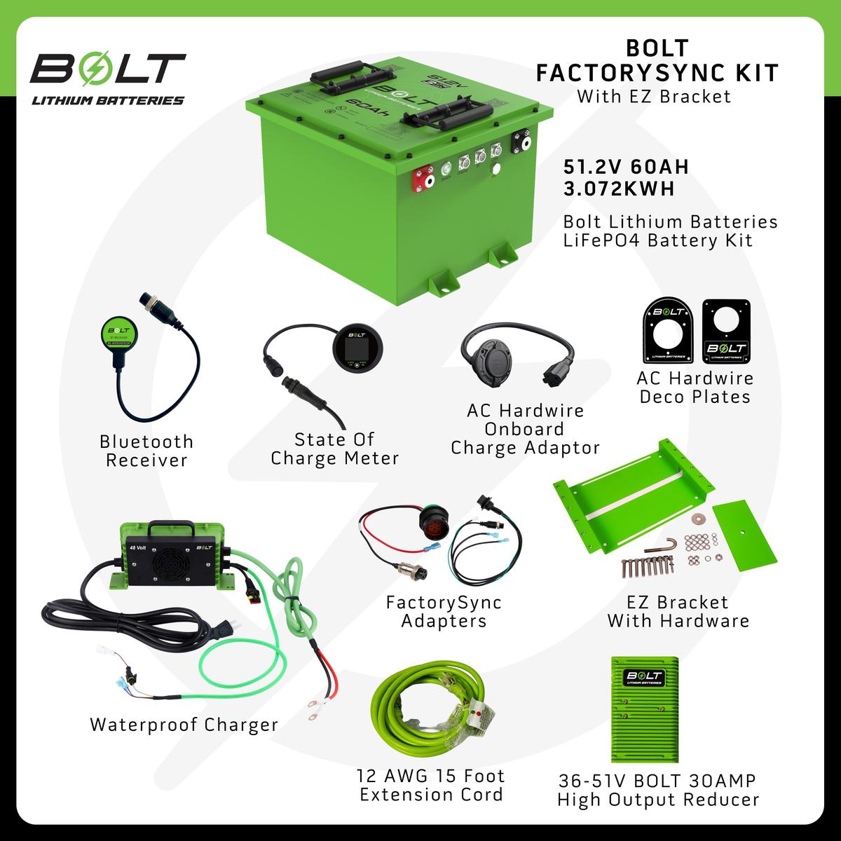Bolt Energy Club Car 51V 60AH Heated Standard Battery FactorySync Kit with EZ Bracket