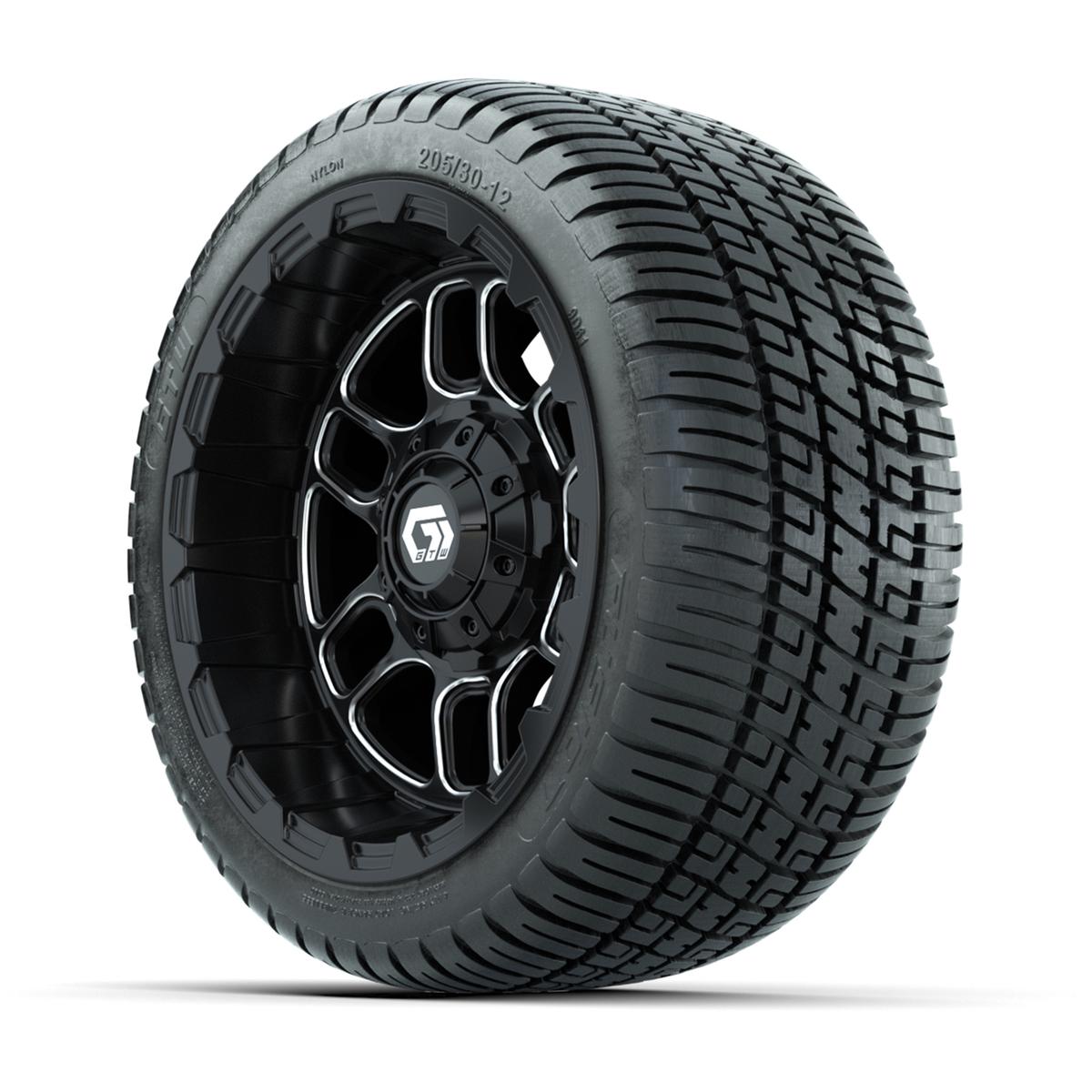 GTW&reg; Titan Black/Machined 12 in Wheels with 205/30-12 Fusion Street Tires – Full Set