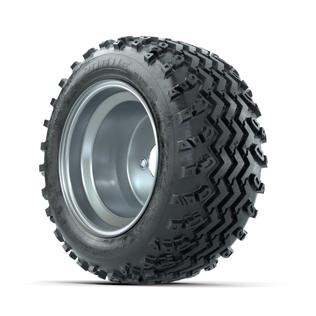 GTW Steel Silver 3:5 Offset 10 in Wheels with 18x9.50-10 Rogue All Terrain Tires – Full Set