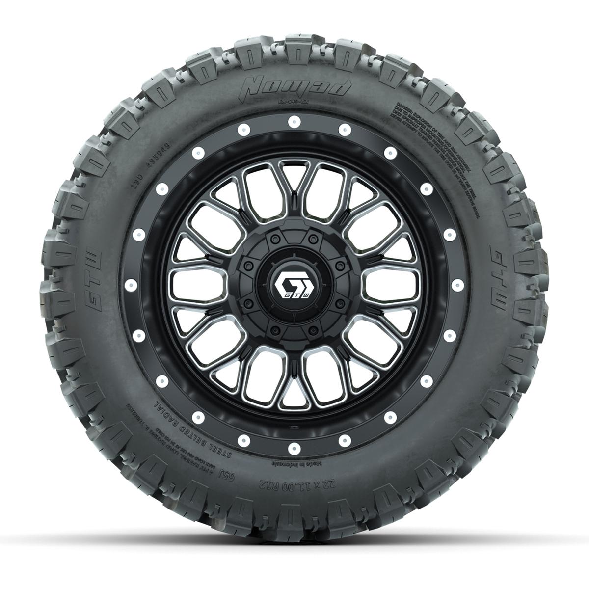 Set of (4) 12 in GTW® Helix Machined & Black Wheels with 22x11-R12 Nomad All-Terrain Tires