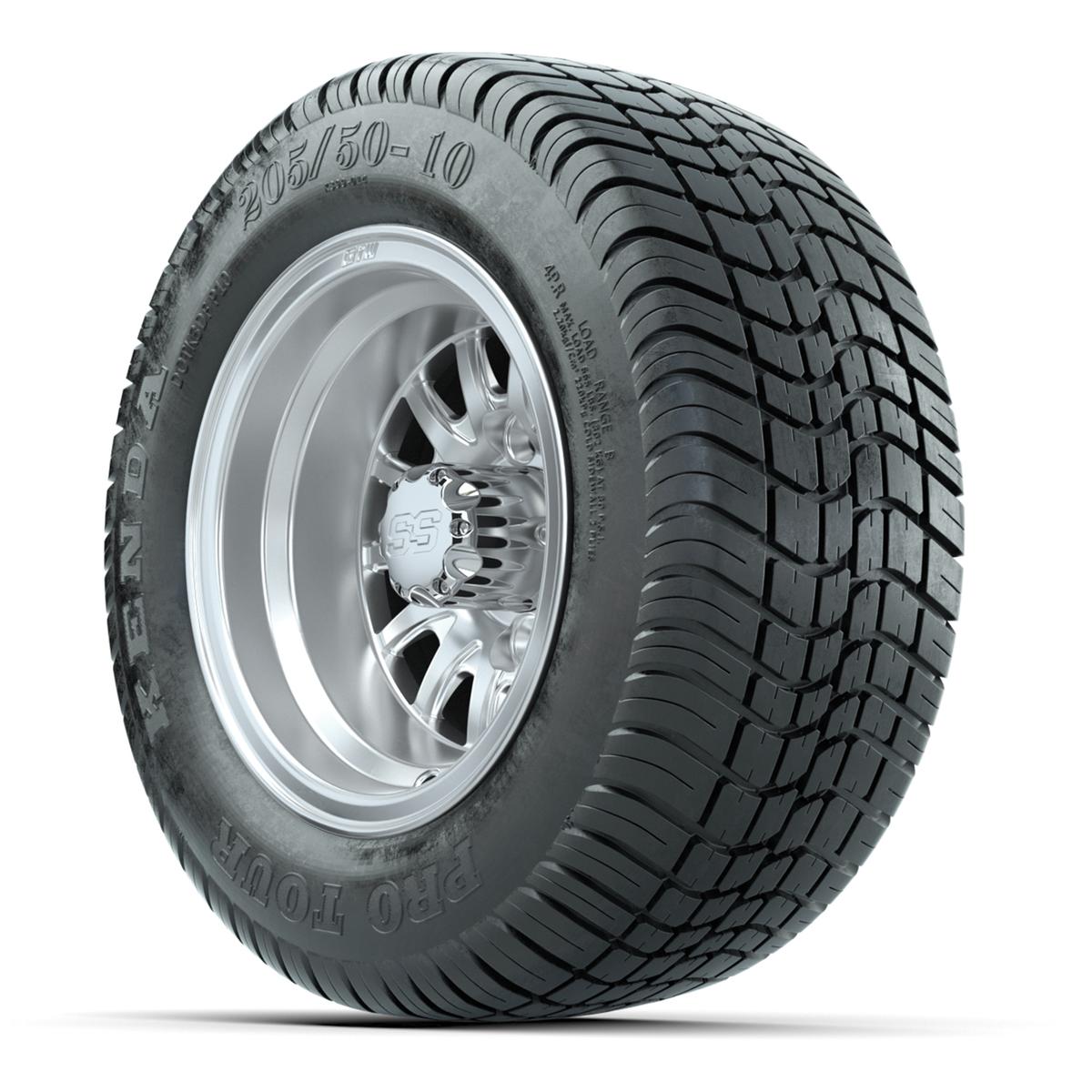 GTW Medusa Silver/Machined 10 in Wheels with 205/50-10 Kenda Pro Tour Street Tires – Full Set