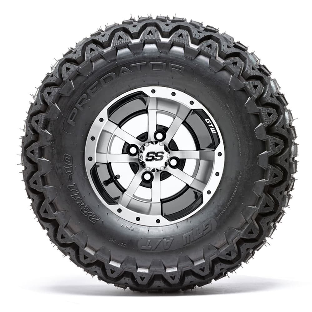 Set of 4 GTW 10in Storm Trooper Black and Machined Wheels with 22in Predator A-T Tires