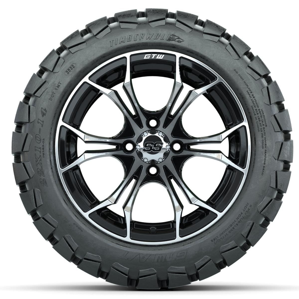 GTW Spyder Machined/Black 14 in Wheels with 22x10-14 GTW Timberwolf All-Terrain Tires – Full Set