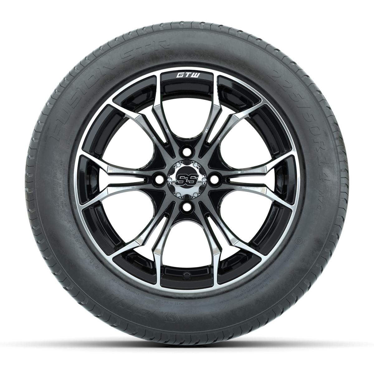 GTW&reg; Spyder Black and Machined 14 in Wheels with 255/50-R14 Fusion STR DOT Approved Street Tires - Full Set