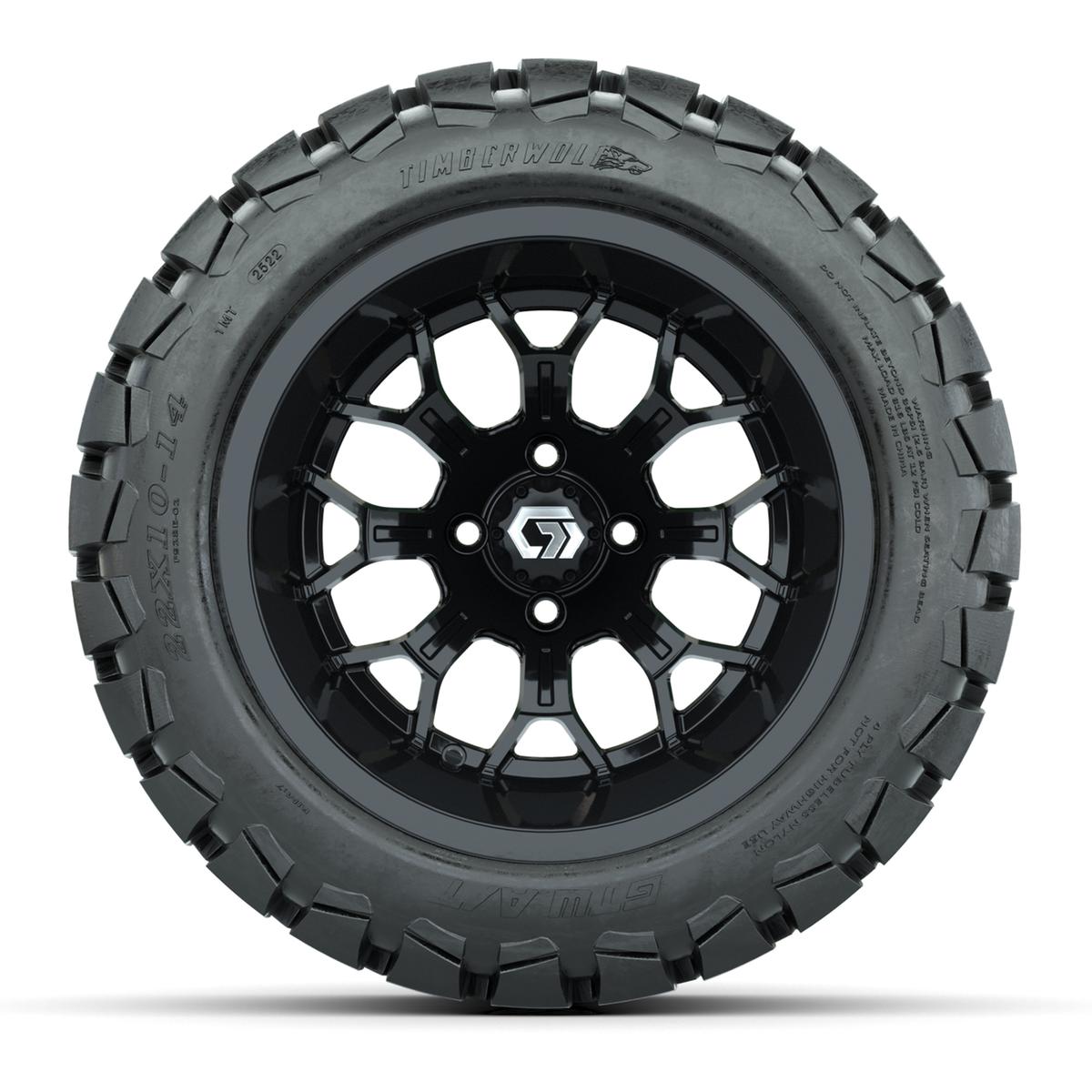 GTW&reg; Assault Gloss Black 14 in Wheels with 22X10-14 Timberwolf All-Terrain Tires - Full Set