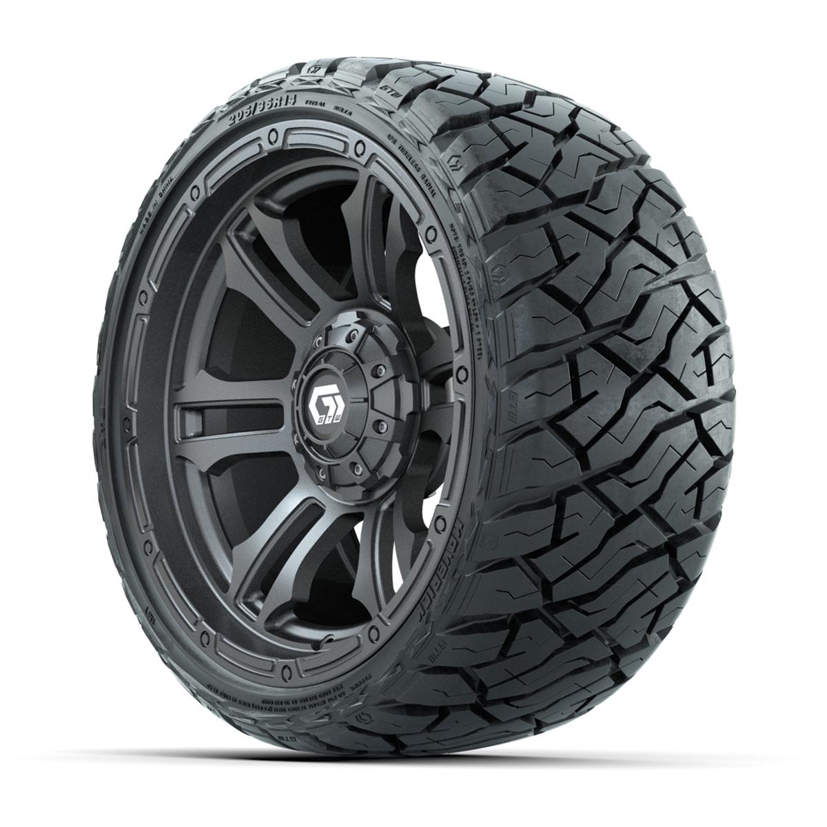 GTW Shogun Gloss Gunmetal 14 in Wheels with 205/35-R14 Maverick Low-Profile All-Terrain Tires – Full Set