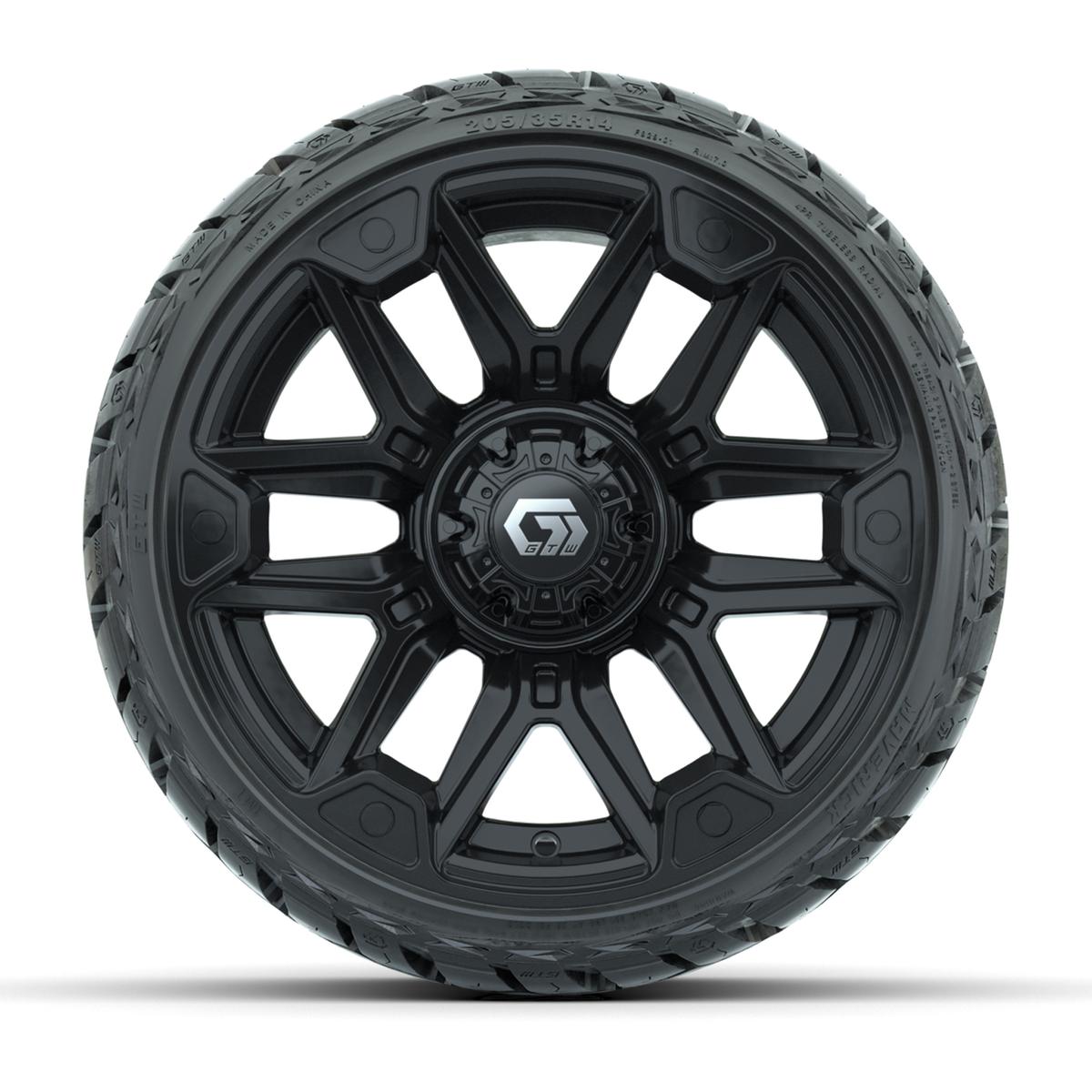 GTW Graffiti Gloss Black 14 in Wheels with 205/35-R14 Maverick Low-Profile All-Terrain Tires – Full Set