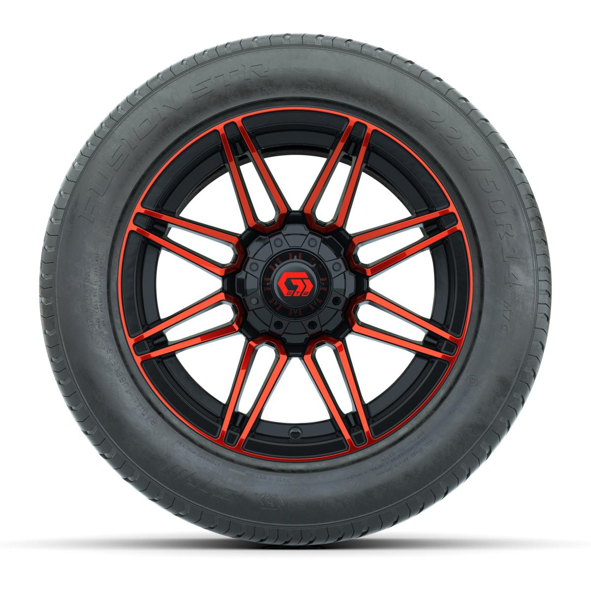 GTW&reg; Stealth Gloss Black and Red 14 in Wheels with 255/50-R14 Fusion STR DOT Approved Street Tires - Full Set