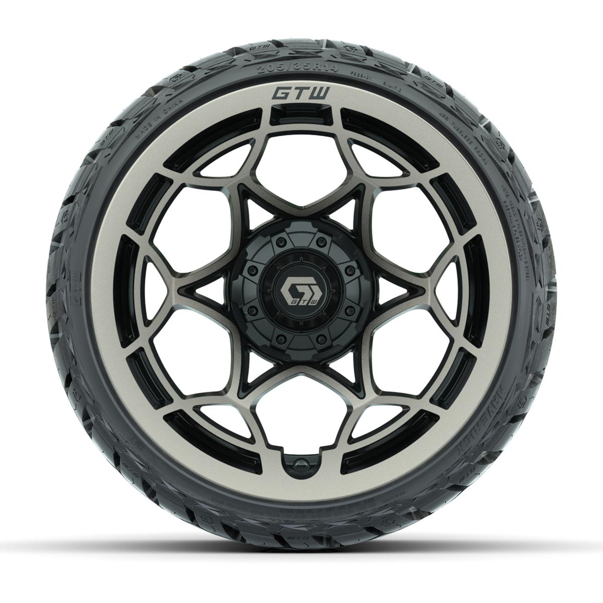 GTW Nexus Gloss Black/Bronze 14 in Wheels with 205/35-R14 Maverick Low-Profile All-Terrain Tires – Full Set