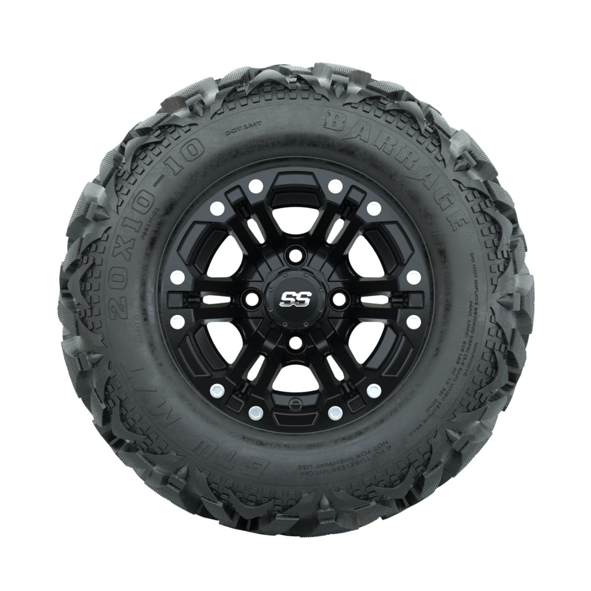 Set of (4) GTW&reg; 10 inch Specter Matte Black Wheels on Barrage Mud Tires