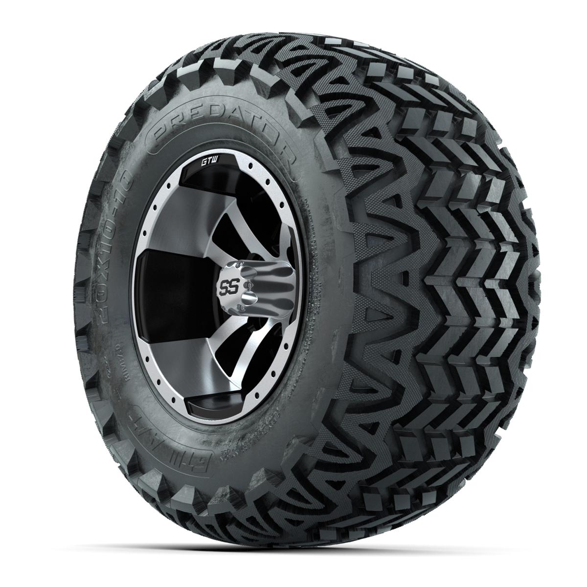 Set of 4 GTW 10in Storm Trooper Black and Machined Wheels with 20in Predator A-T Tires