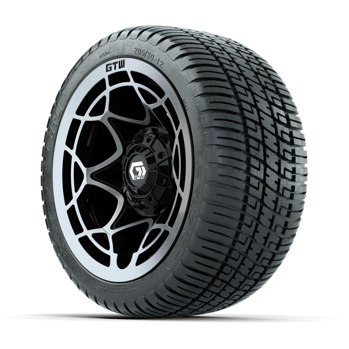 GTW&reg; Nexus Black with Silver Face 12 in Wheels with 205/30-12 Fusion Street Tires – Full Set