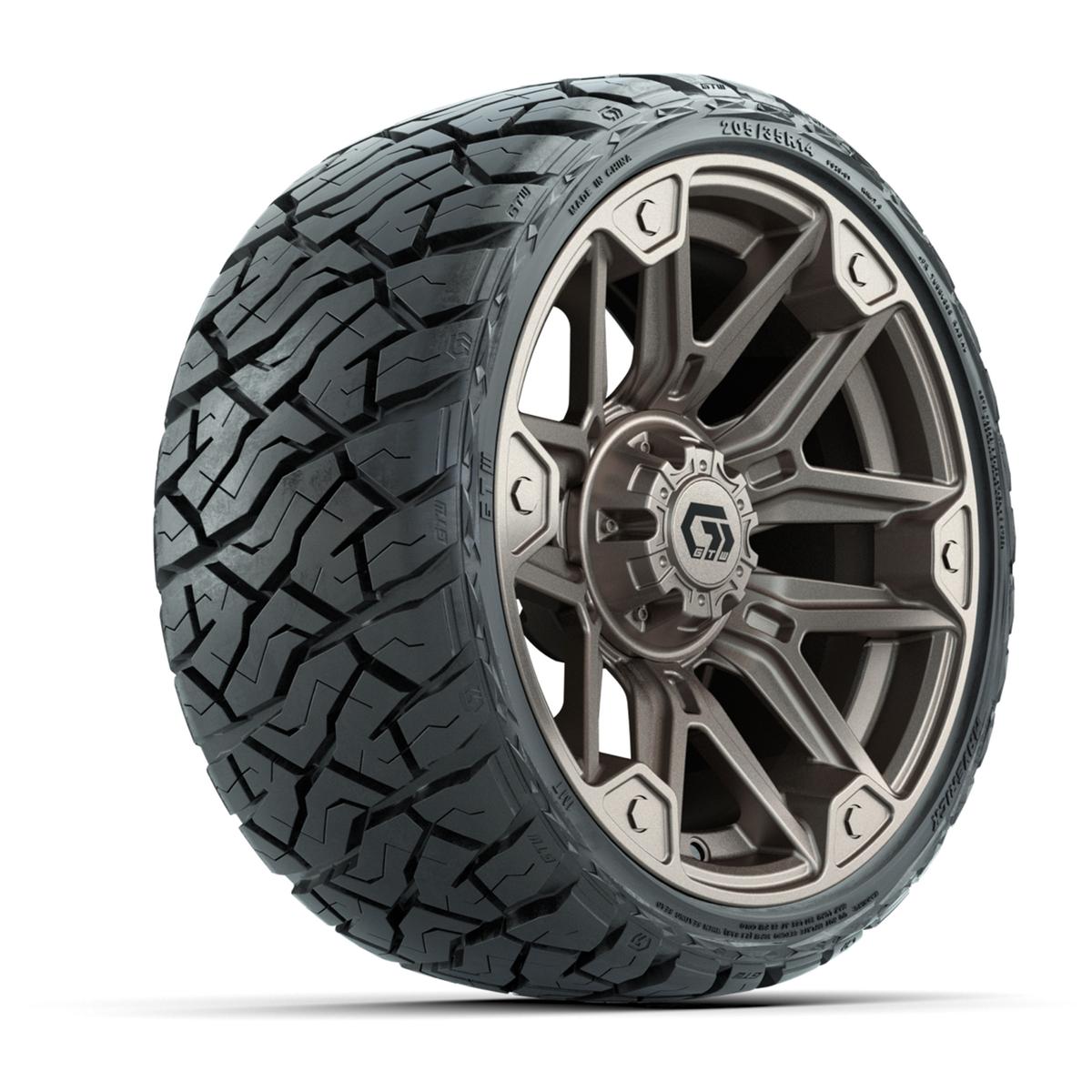 GTW Graffiti Satin Bronze/Black 14 in Wheels with 205/35-R14 Maverick Low-Profile All-Terrain Tires – Full Set