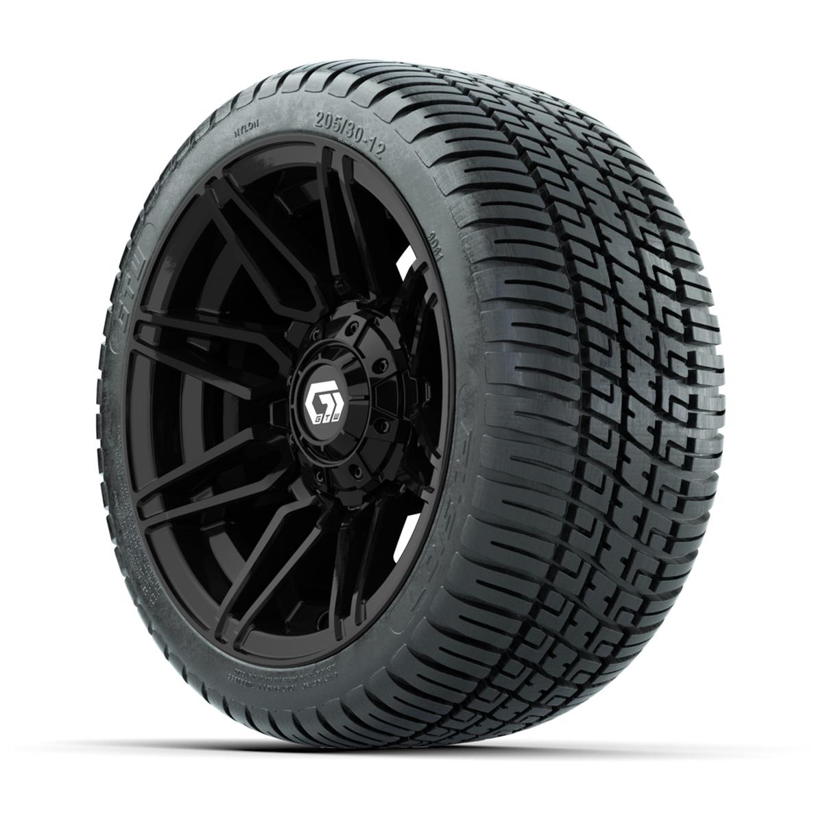 GTW&reg; Stealth Black/Machined 12 in Wheels with 205/30-12 Fusion Street Tires – Full Set