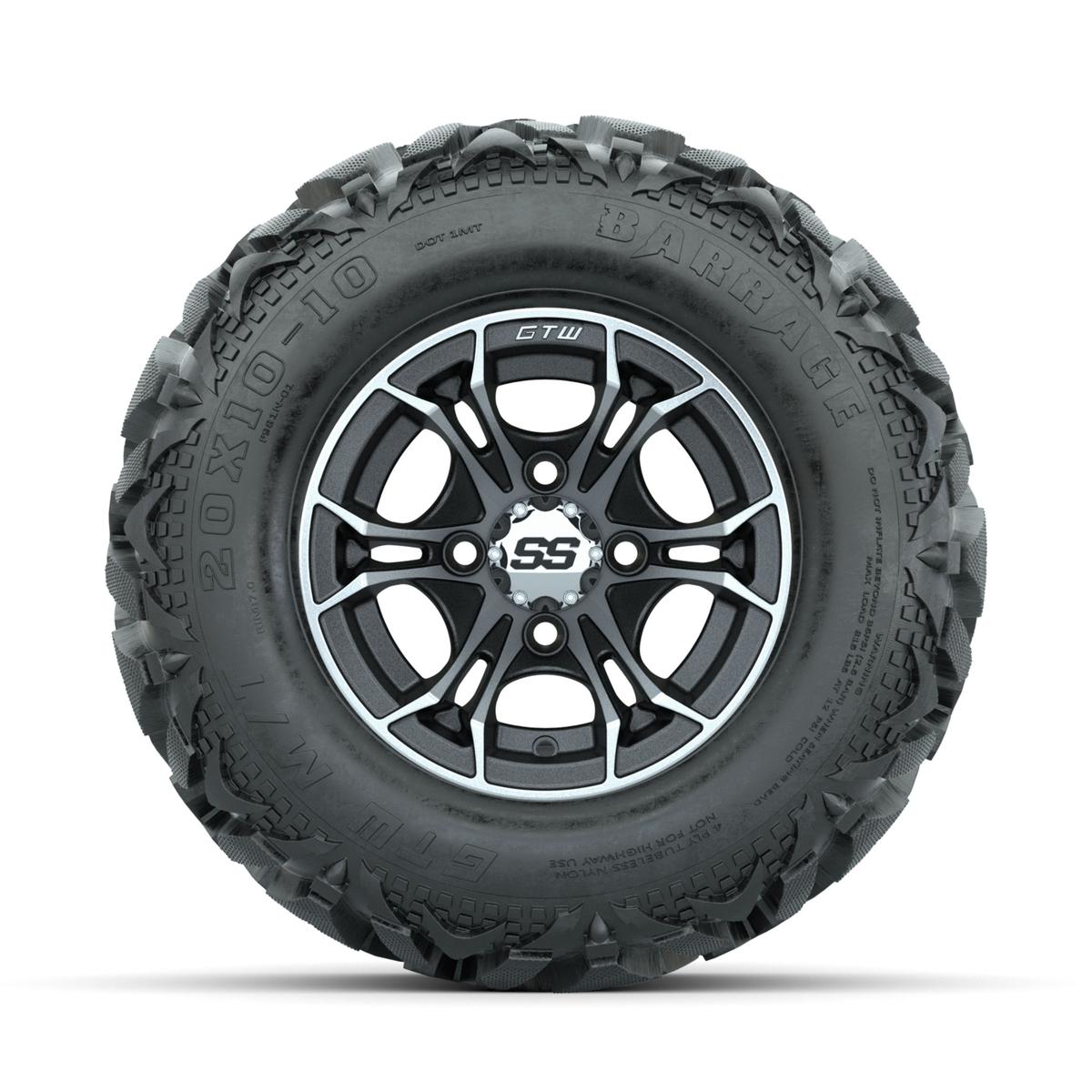 GTW Spyder Machined/Matte Grey 10 in Wheels with 20x10-10 Barrage Mud Tires – Full Set