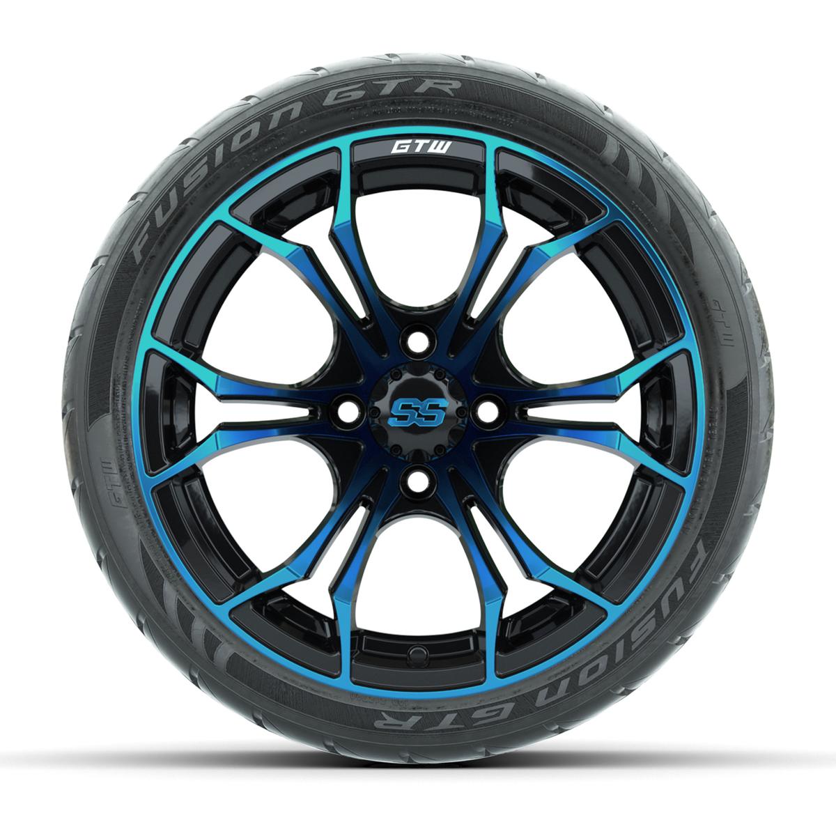 GTW&reg; Spyder Black/Blue 14 in Wheels with 205/40-R14 Fusion GTR Steel Belt Radial Street Tires – Full Set