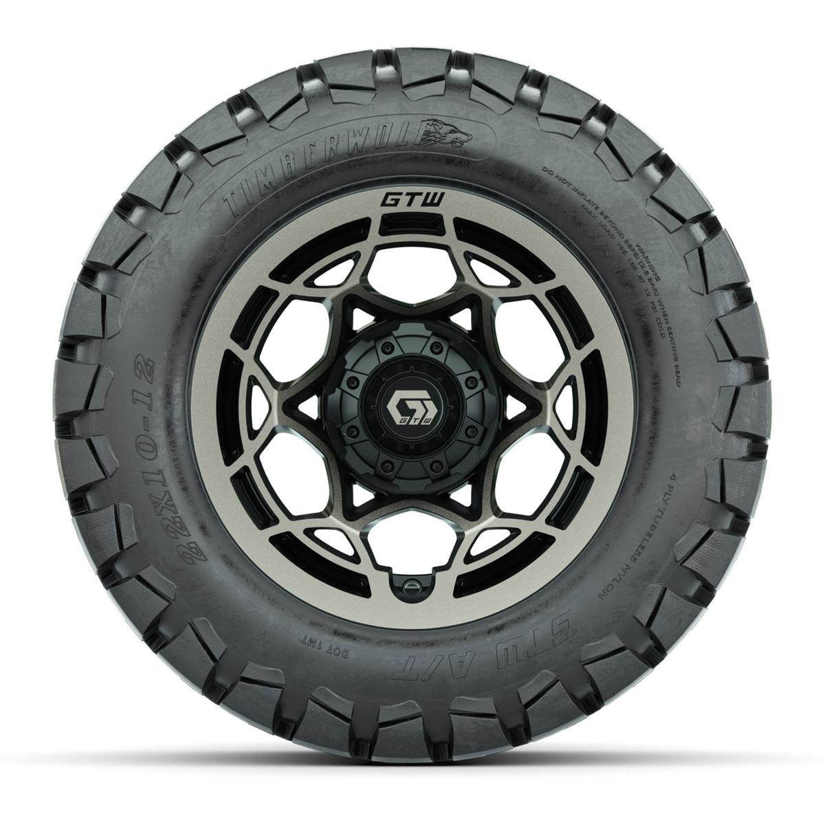 GTW® Nexus Gloss Black/Satin Bronze 12 in Wheels with 22x10-12 Timberwolf All-Terrain Tires – Full Set