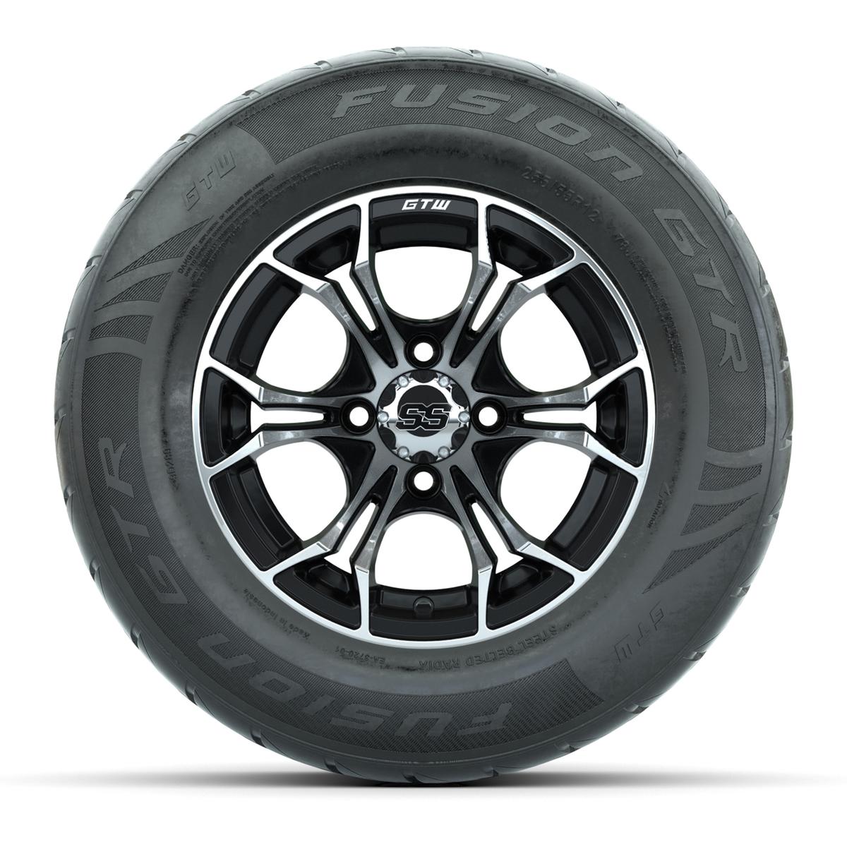 GTW&reg; Spyder Black/Machined 12 in Wheels with 255/55-R12 Fusion GTR Steel Belt Radial Street Tires – Full Set