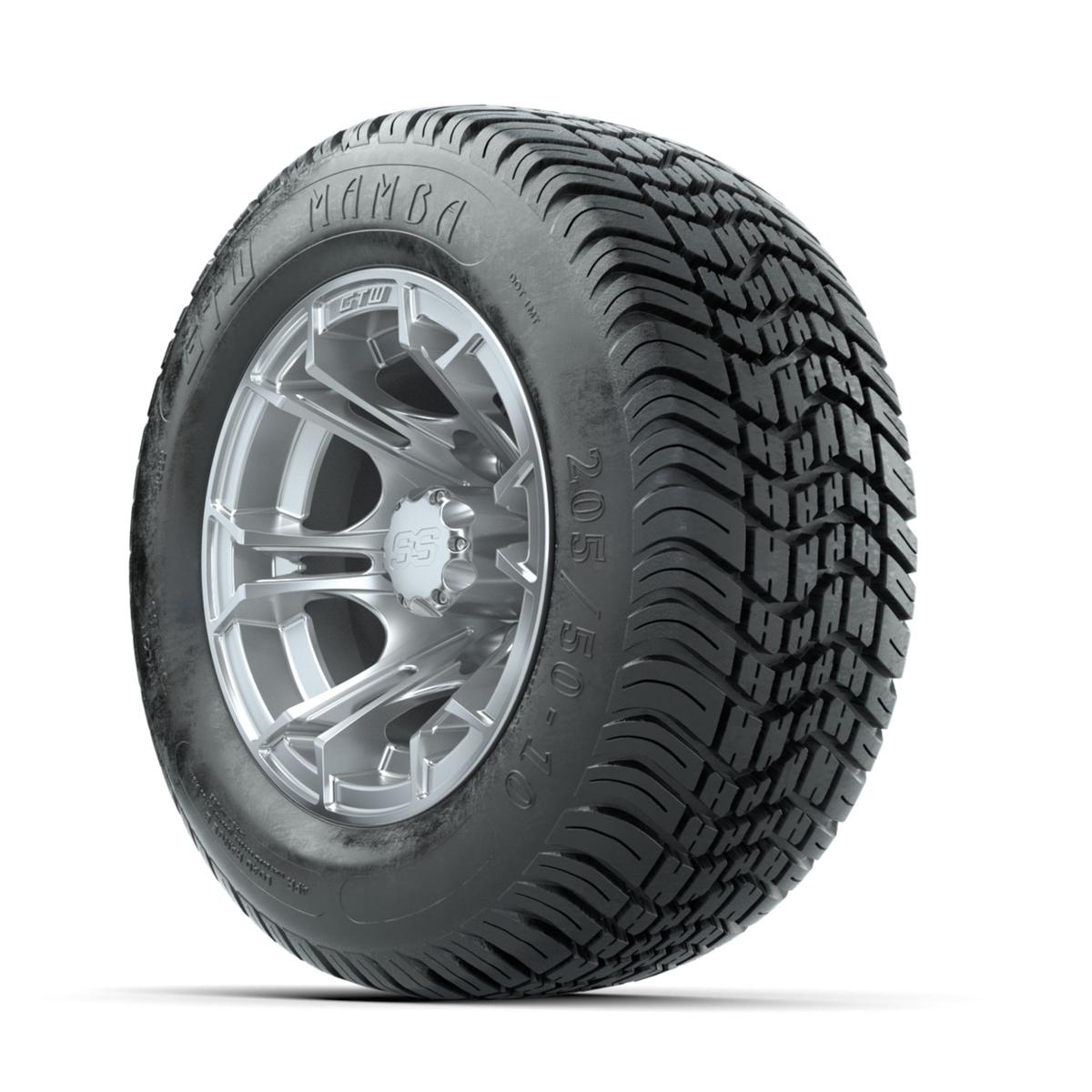 GTW Spyder Silver Brush 10 in Wheels with 205/50-10 Mamba Street Tires – Full Set