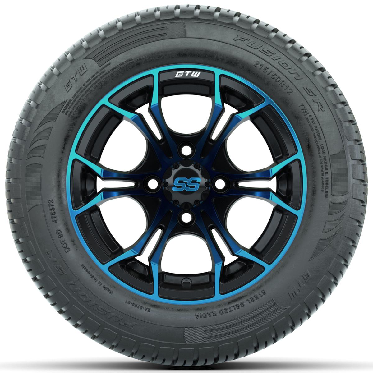 GTW Spyder Blue/Black 12 in Wheels with 215/50-R12 Fusion S/R Street Tires – Full Set