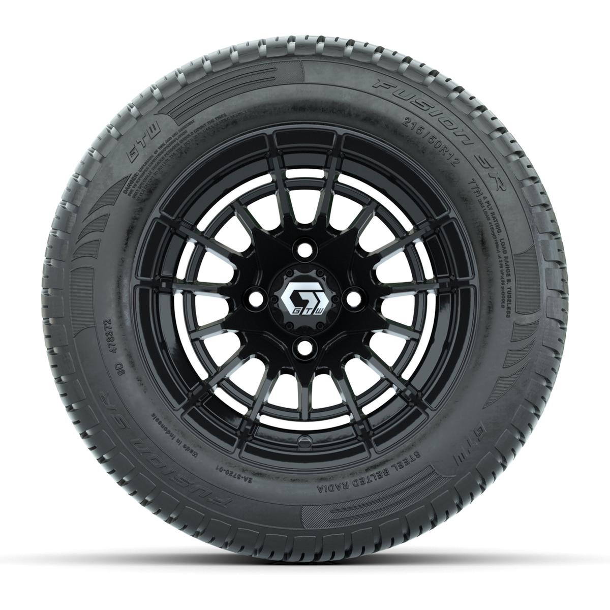 GTW® Boost Gloss Black 12 in Wheels with 215/50-R12 Fusion S/R Steel Belt Radial Tires – Full Set