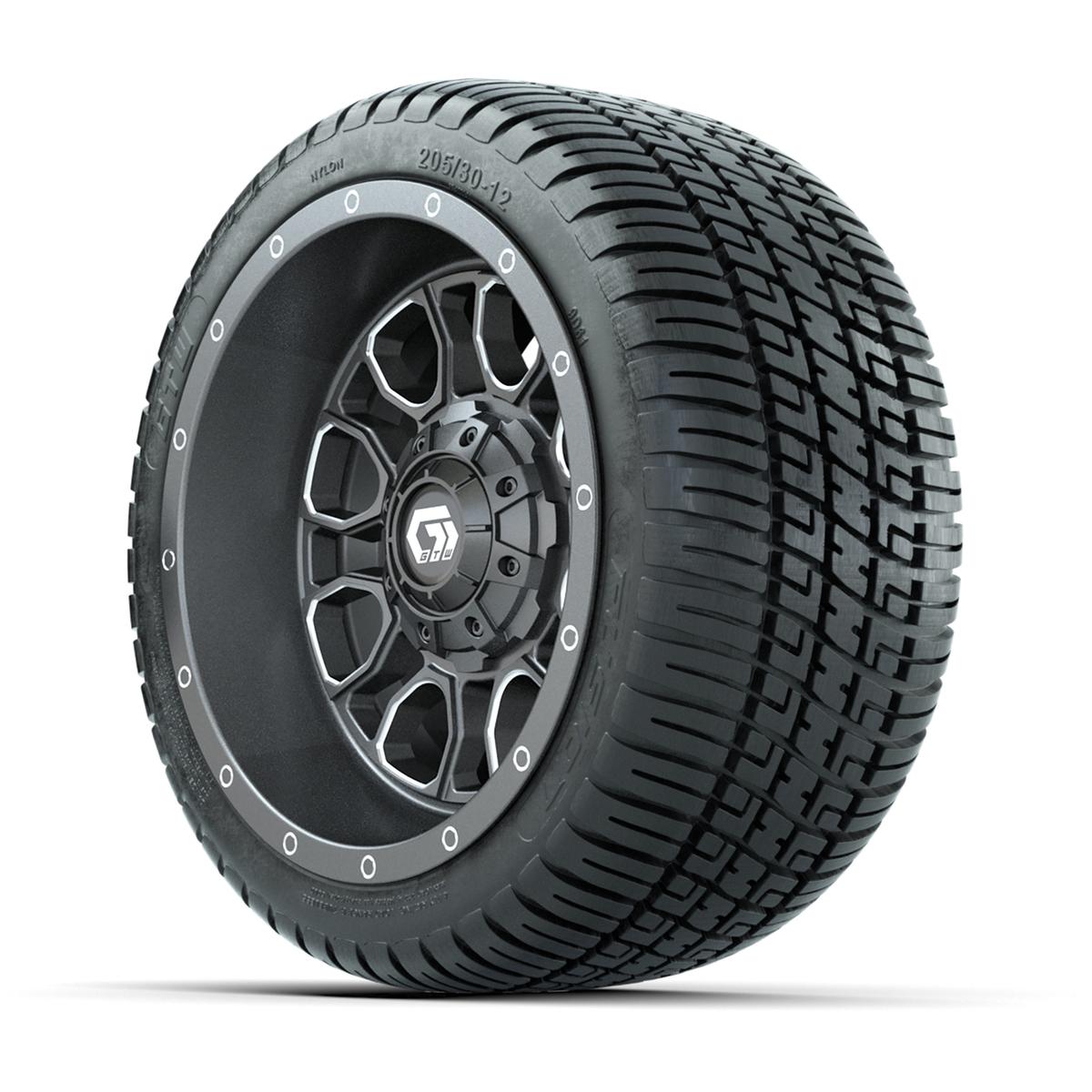 GTW&reg; Volt Gunmetal 12 in Wheels with 205/30-12 Fusion Street Tires – Full Set