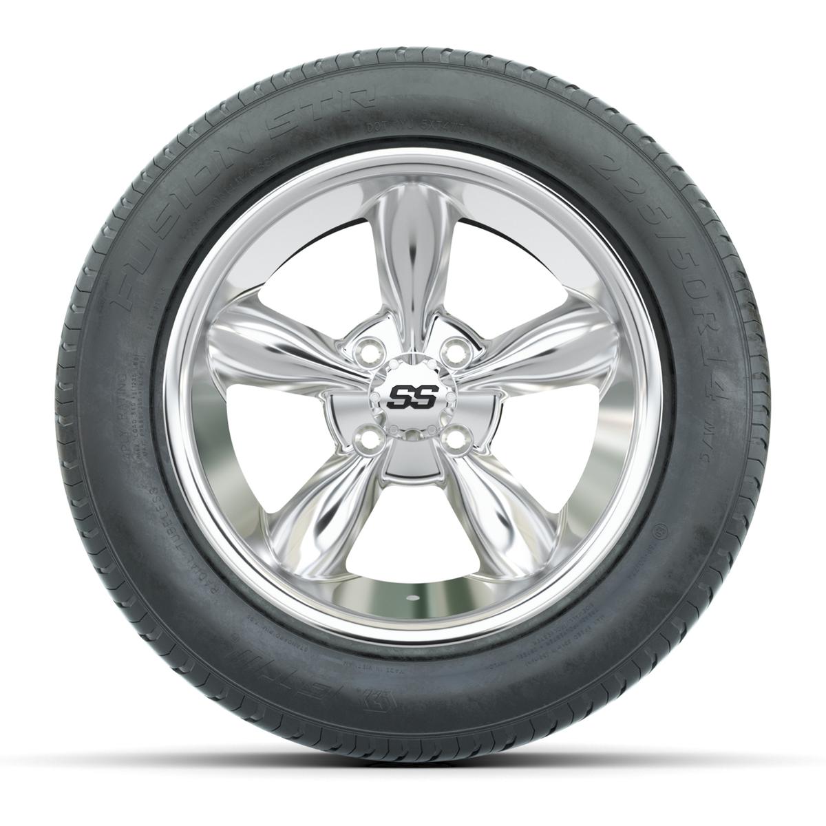 GTW&reg; Godfather Chrome 14 in Wheels with 225/50-R14 Fusion STR DOT Approved Street Tires - Full Set