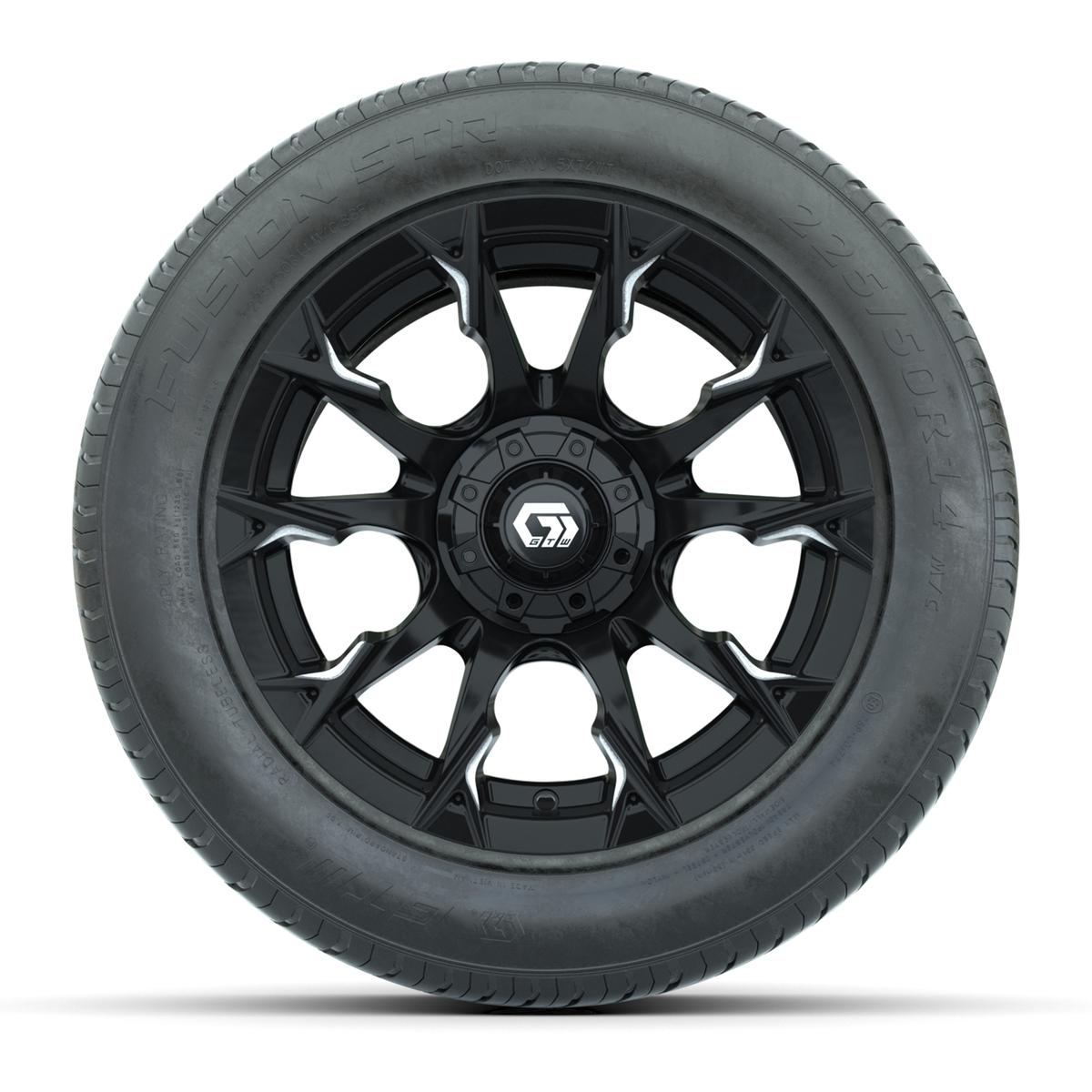 GTW&reg; Diablo Gloss Black and Machined 14 in Wheels with 255/50-R14 Fusion STR DOT Approved Street Tires - Full Set