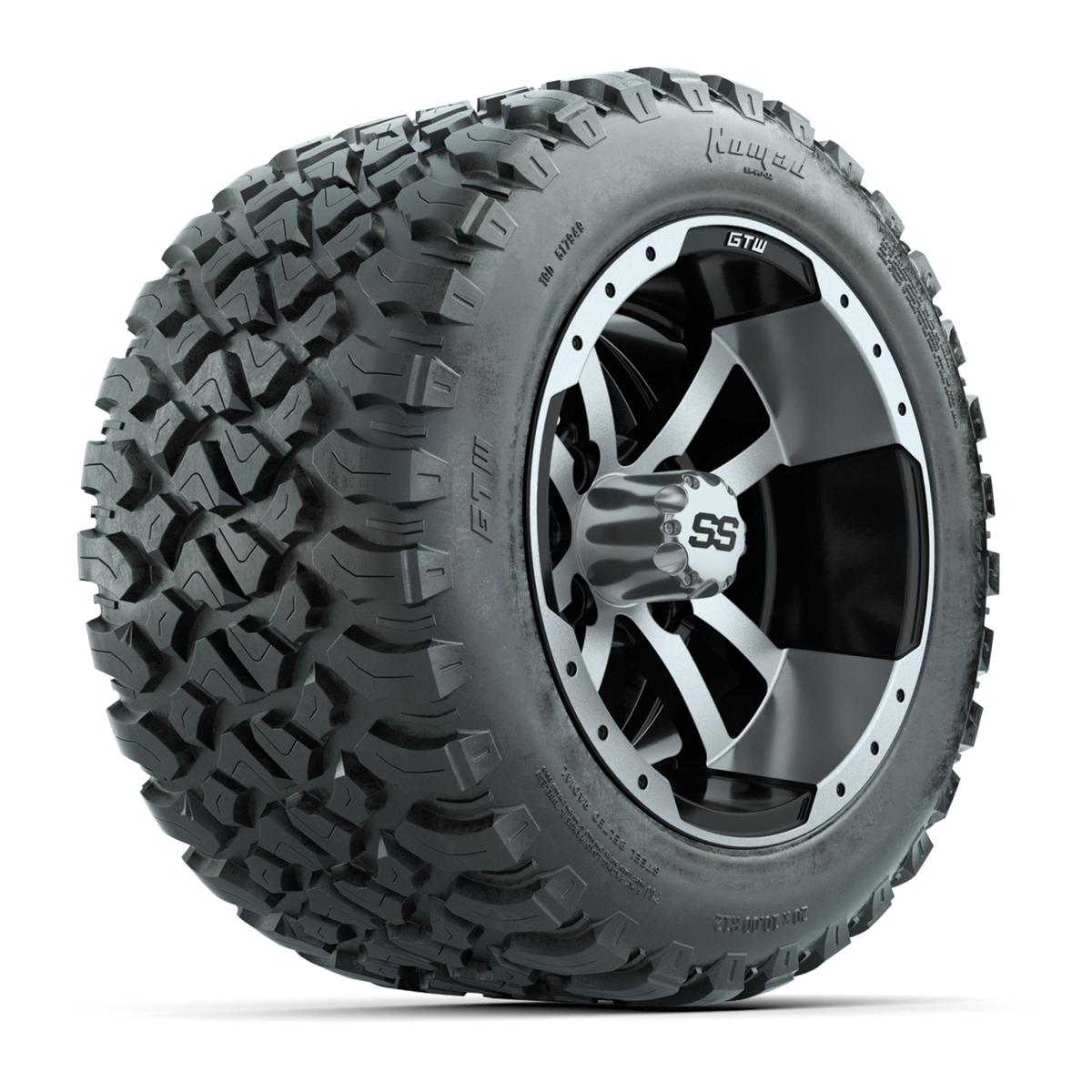 GTW&reg; Storm Trooper Black/Machined 12 in Wheels with 20X10-12 Nomad Steel Belt Radial All-Terrain Tires – Full Set