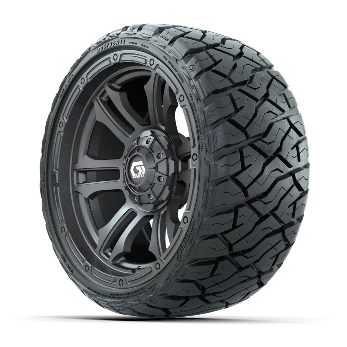 GTW Shogun Gloss Gunmetal 14 in Wheels with 205/35-R14 Maverick Low-Profile All-Terrain Tires – Full Set