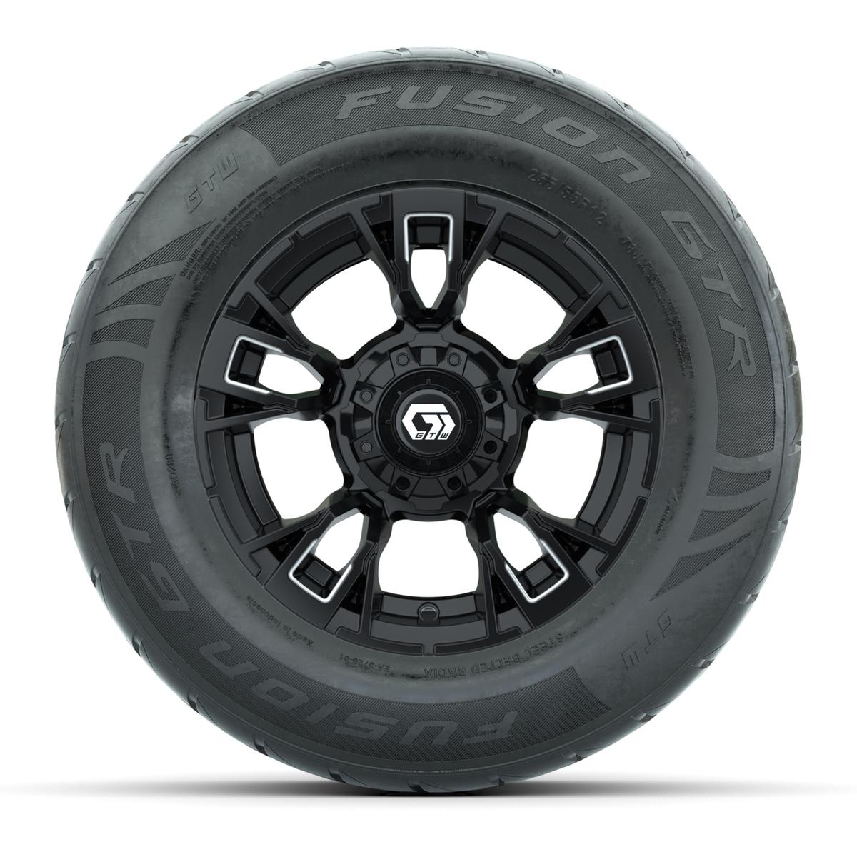 GTW&reg; Vandal Matte Black/Machined 12 in Wheels with 255/55-R12 Fusion GTR Steel Belt Radial Street Tires – Full Set