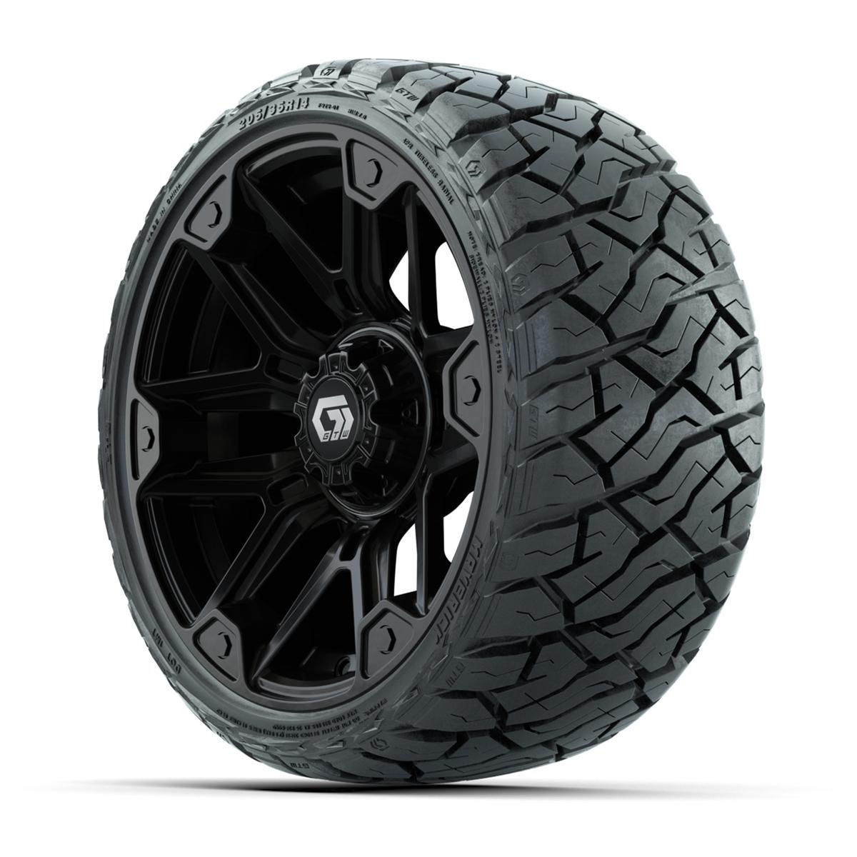 GTW Graffiti Gloss Black 14 in Wheels with 205/35-R14 Maverick Low-Profile All-Terrain Tires – Full Set