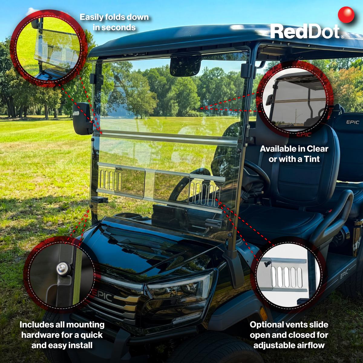 RedDot Tinted Impact Resistant Folding Windshield for Epic E40FX with 4-Forward Facing Seats