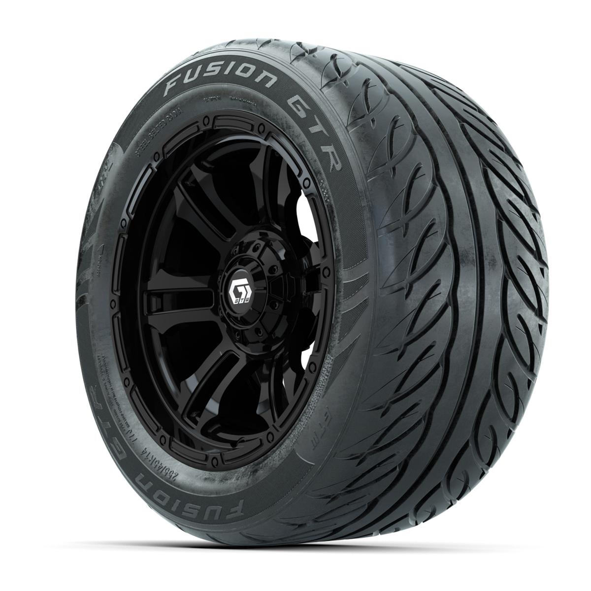 GTW&reg; Shogun Gloss Black 14 in Wheels with 255/45-R14 Fusion GTR Steel Belt Radial Street Tires – Full Set