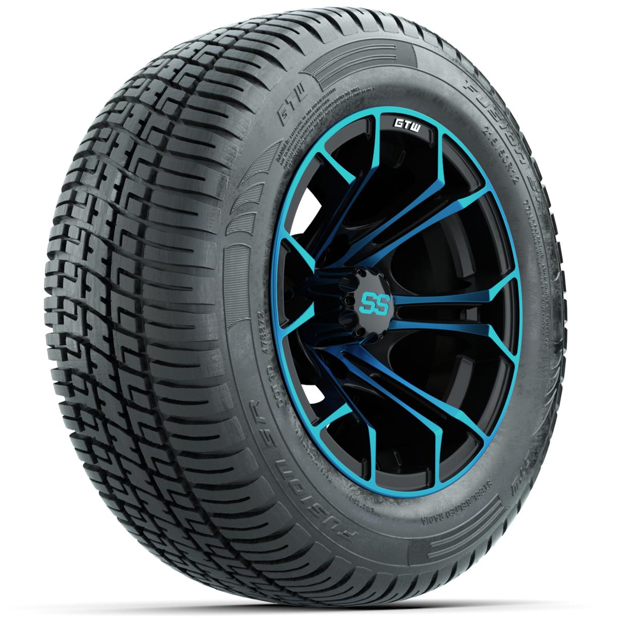 GTW Spyder Blue/Black 12 in Wheels with 215/50-R12 Fusion S/R Street Tires – Full Set