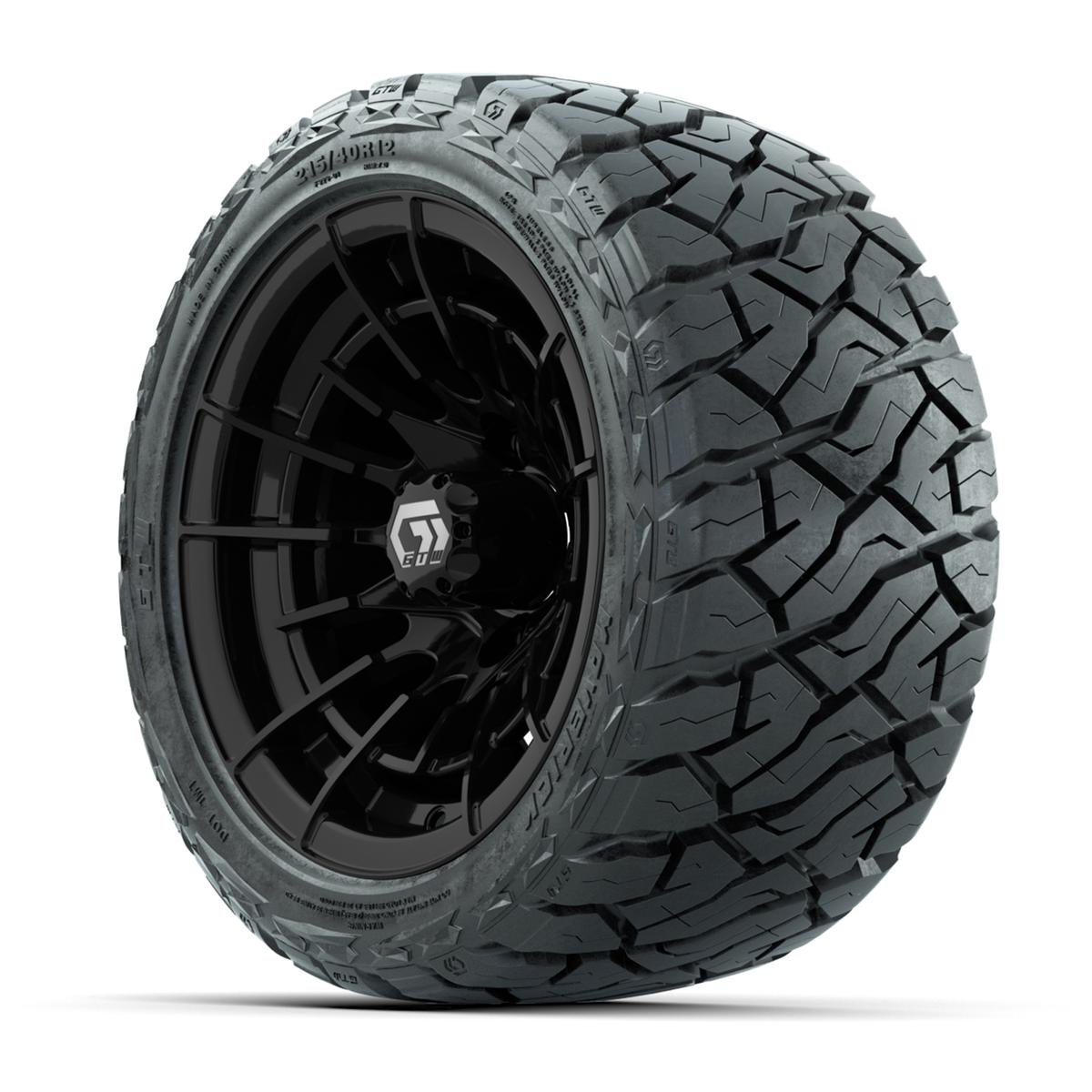GTW Boost Gloss Black 12 in Wheels with 215/40-R12 Maverick Low-Profile All-Terrain Tires – Full Set
