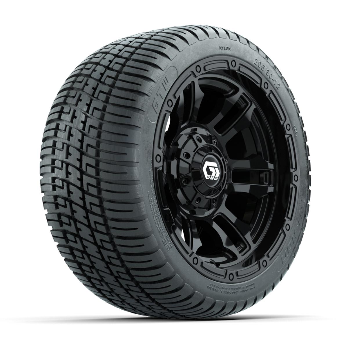 GTW&reg; Shogun Gloss Black 12 in Wheels with 205/30-12 Fusion Street Tires – Full Set