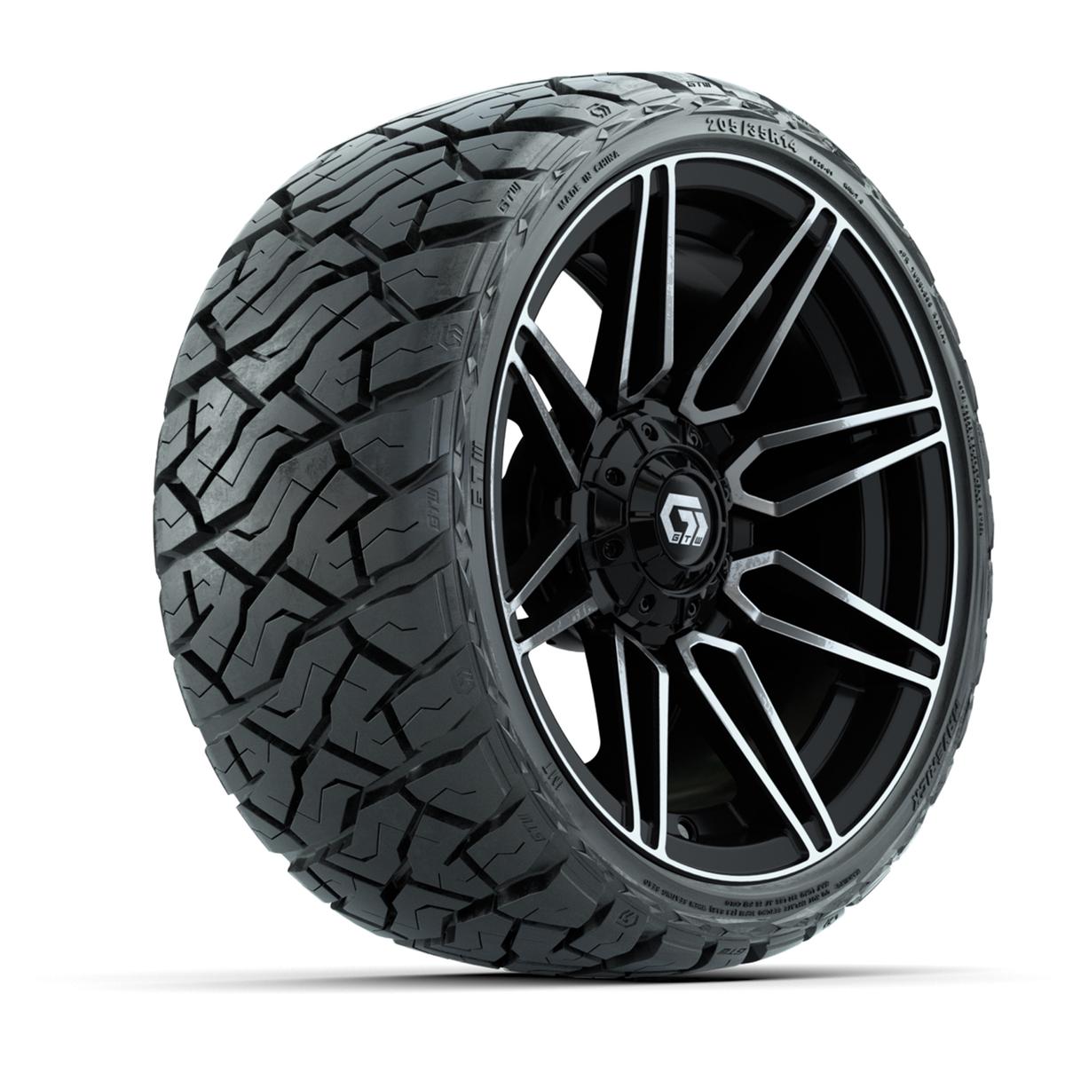 GTW Stealth Gloss Black/Machined 14 in Wheels with 205/35-R14 Maverick Low-Profile All-Terrain Tires – Full Set