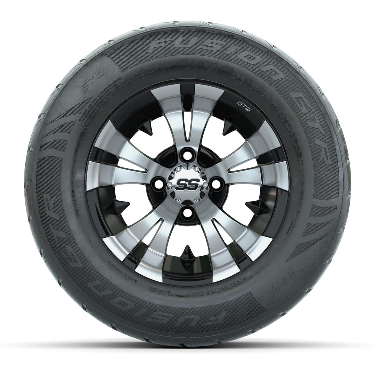 GTW&reg; Vampire Black/Machined 12 in Wheels with 255/55-R12 Fusion GTR Steel Belt Radial Street Tires – Full Set