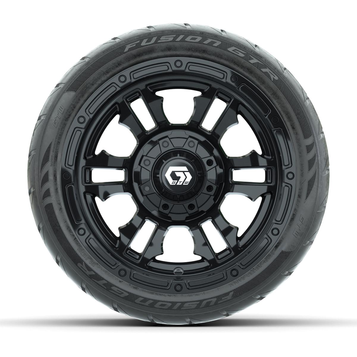 GTW&reg; Shogun Gloss Black 12 in Wheels with 215/40-R12 Fusion GTR Steel Belt Radial Street Tires – Full Set