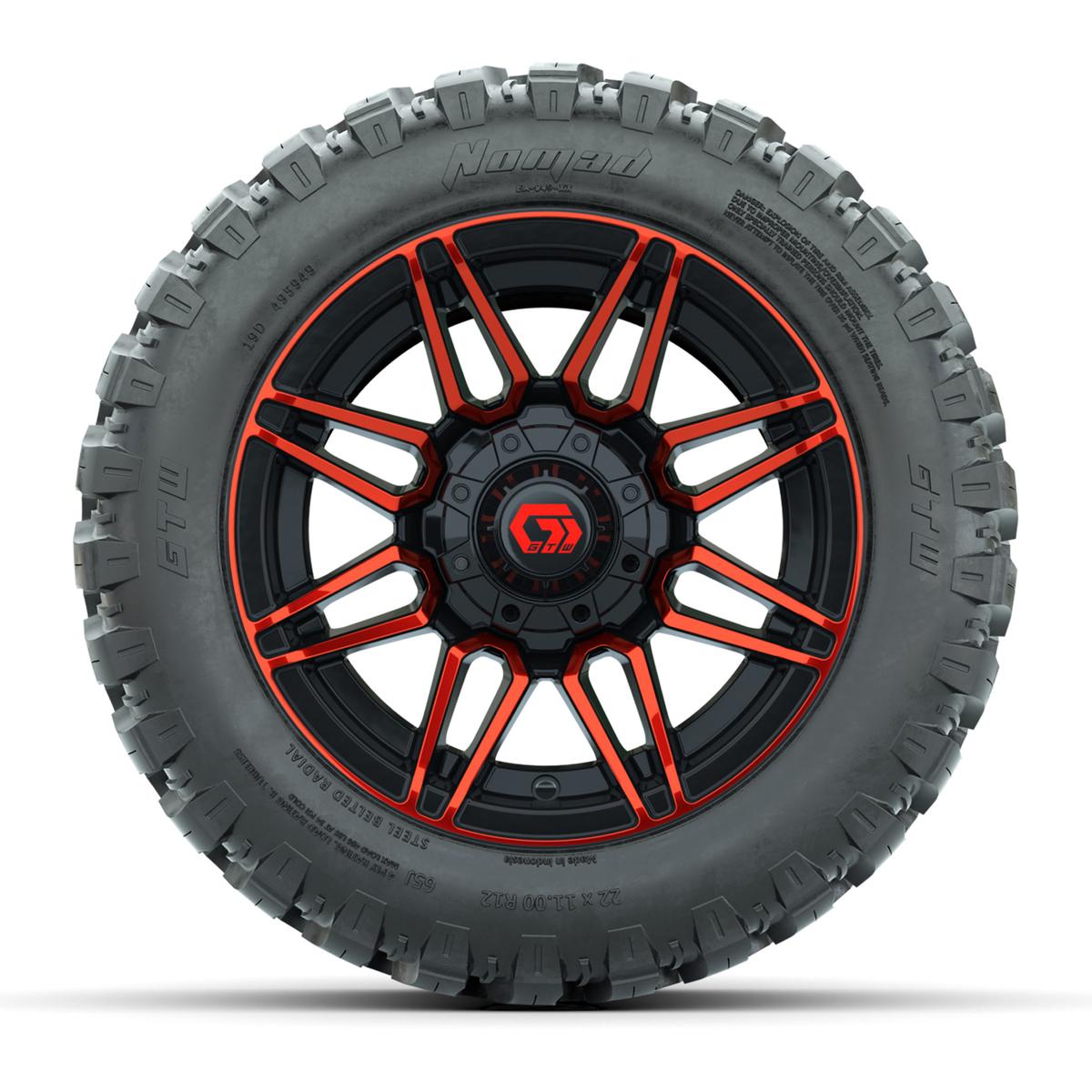 GTW&reg; Stealth Red/Machined 12 in Wheels with 22X11-R12 Nomad Steel Belt Radial All-Terrain Tires – Full Set