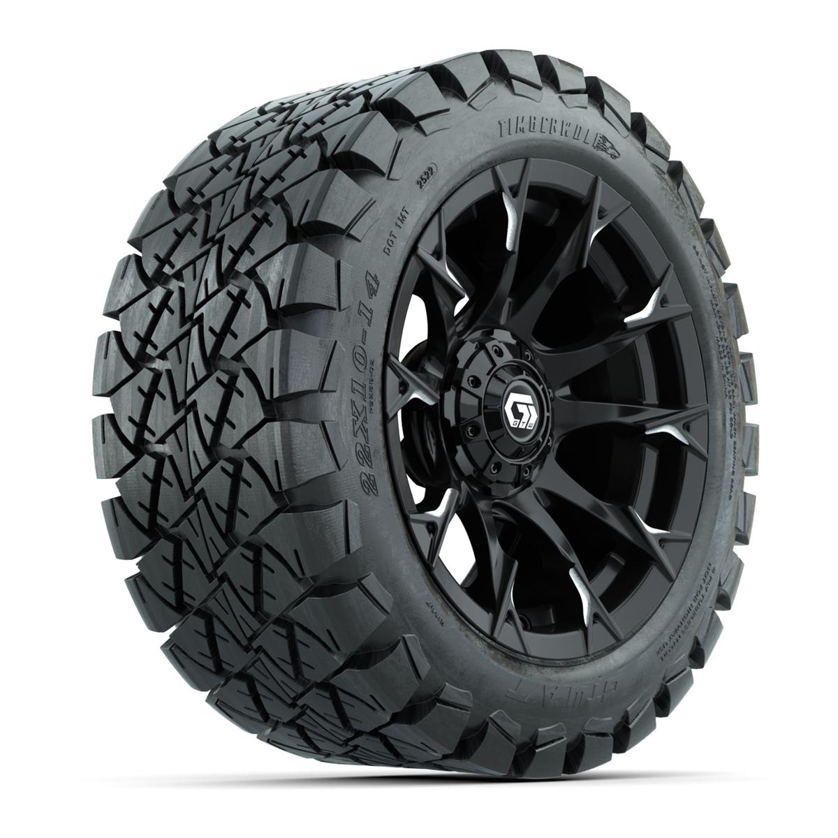 GTW® Diablo Gloss Black/Machined 14 in Wheels with 22x10-14 Timberwolf All-Terrain Tires – Full Set