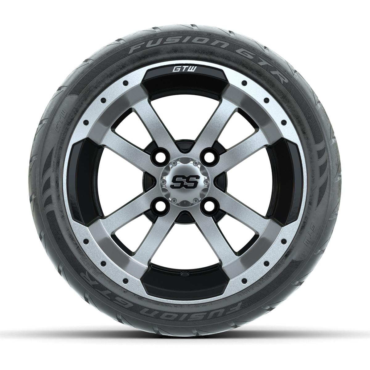 GTW&reg; Storm Trooper Black/Machined 12 in Wheels with 215/40-R12 Fusion GTR Steel Belt Radial Street Tires – Full Set