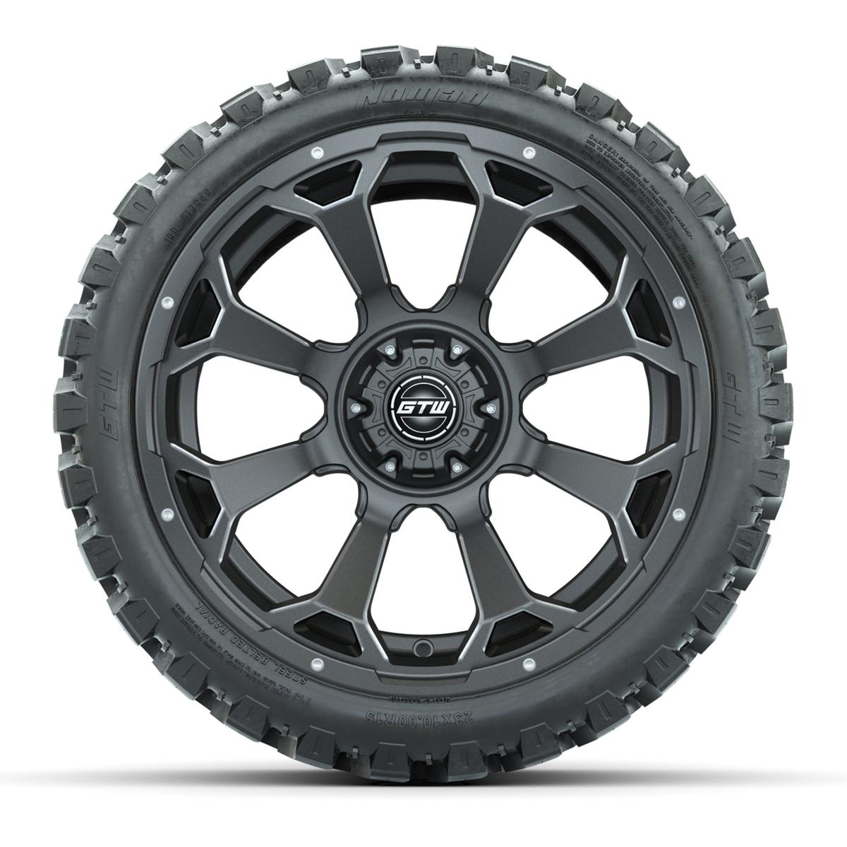 Set of (4) 15&Prime; GTW Raven Matte Gray Wheels with 23x10-R15 Nomad All-Terrain Tires