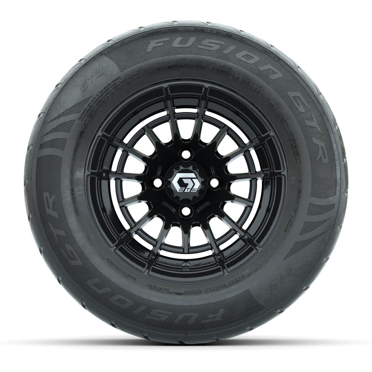 GTW&reg; Boost Gloss Black 12 in Wheels with 255/55-R12 Fusion GTR Steel Belt Radial Street Tires – Full Set