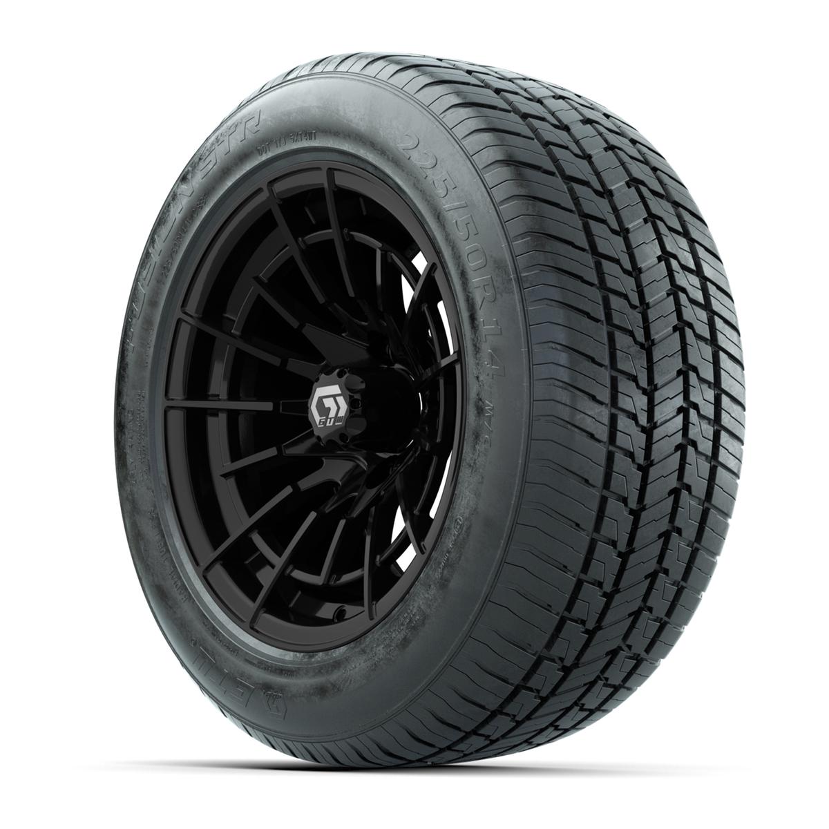 GTW&reg; Boost Gloss Black 14 in Wheels with 255/50-R14 Fusion STR DOT Approved Street Tires - Full Set