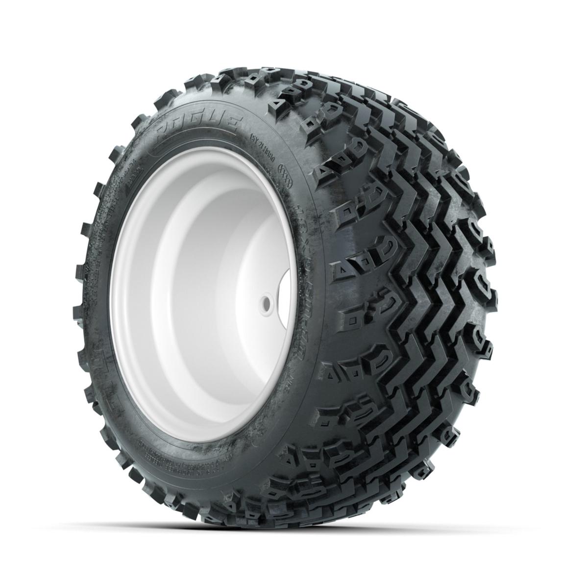 GTW Steel White 3:5 Offset 10 in Wheels with 18x9.50-10 Rogue All Terrain Tires – Full Set