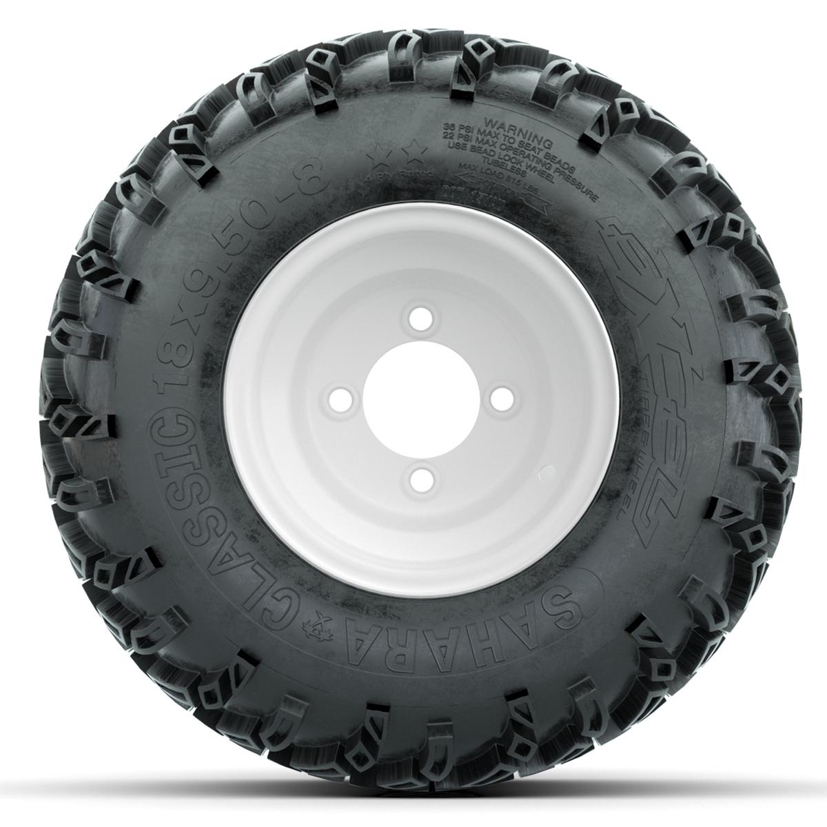 Set of (4) 8 in White Steel Wheels with 18 in Sahara Classic All Terrain Tires