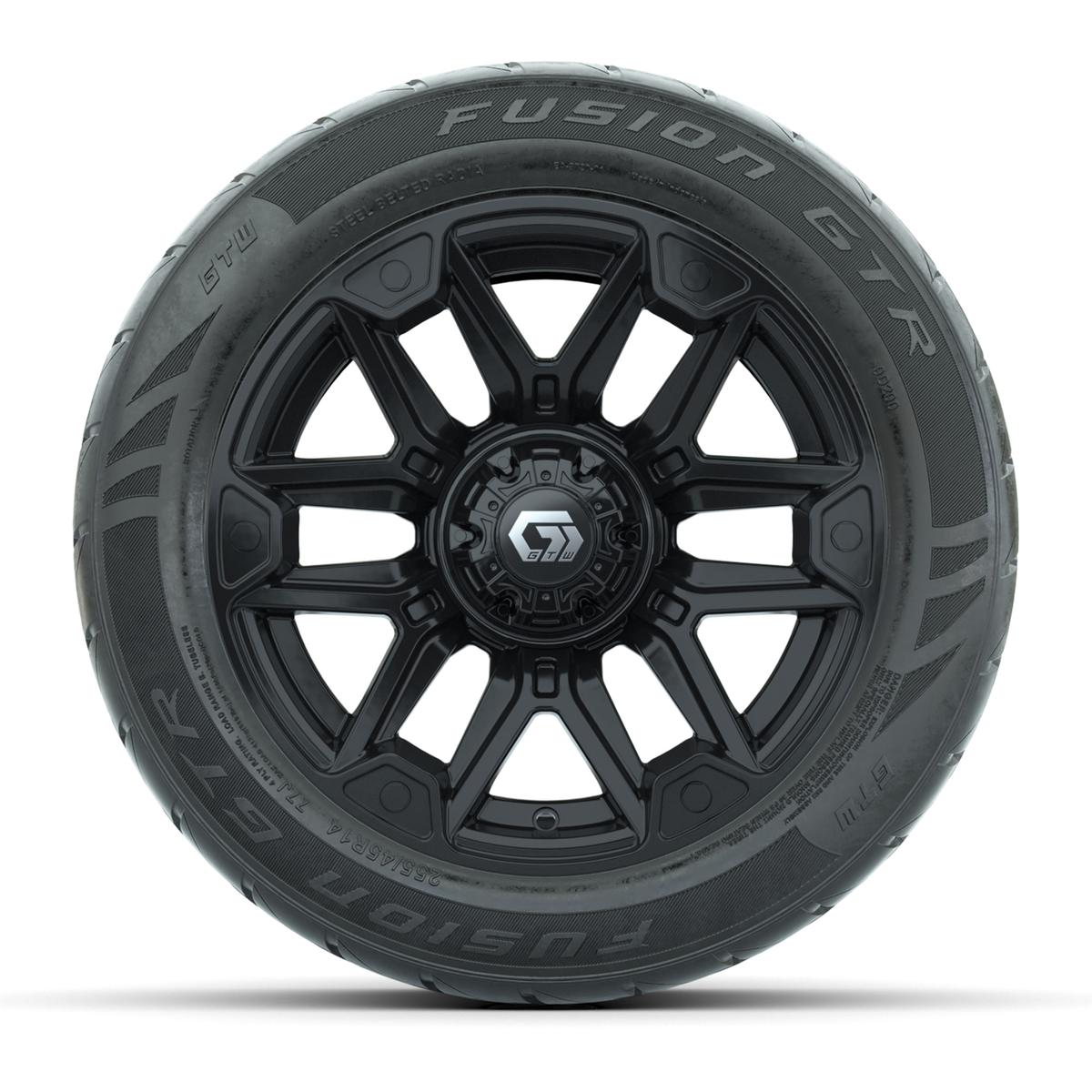 GTW&reg; Graffiti Gloss Black 14 in Wheels with 255/45-R14 Fusion GTR Steel Belt Radial Street Tires – Full Set