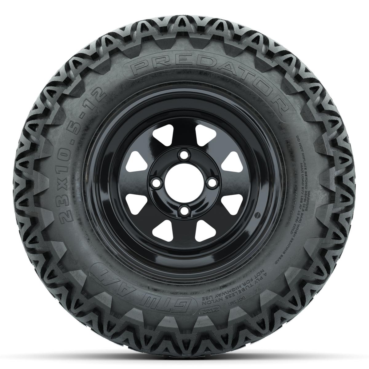 Set of (4) 12 in Black Steel Wheels with 23x10.5-12 GTW Predator All-Terrain Tires